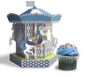 Carousel Merry Go Round Box - cupcake box, gift box, party favor or party decoration - Blue - Instant download Printable PDF Kit