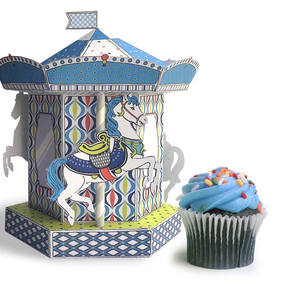 Carousel Merry Go Round Box - cupcake box, gift box, party favor or party decoration - Blue - Instant download Printable PDF Kit