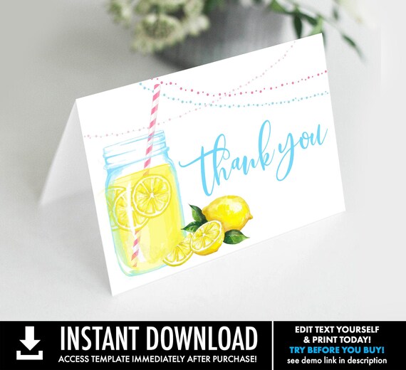 Lemonade Thank You Card - Sunshine & Lemonade Thank You, Thank You Card | Self-Edit with CORJL - INSTANT DOWNLOAD Printable Il_570xn
