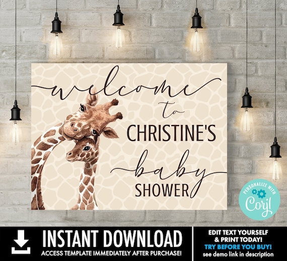 Giraffe Baby Shower Welcome Sign, 24x18 & 20x16 Baby Shower Sign | Self-Edit with CORJL - INSTANT DOWNLOAD Printable Il_570xn
