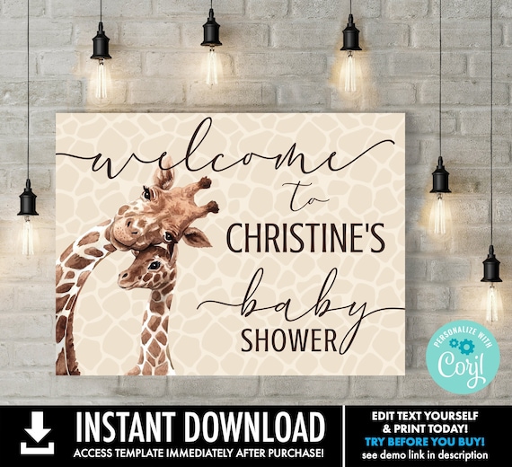 Giraffe Baby Shower Welcome Sign, 24x18 & 20x16 Baby Shower Sign | Self-Edit with CORJL - INSTANT DOWNLOAD Printable