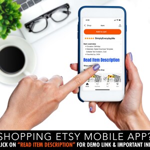 K&ouml;nnte beinhalten: Ein Screenshot der Etsy-Mobil-App, der eine Anzeige f&uuml;r eine Geburtstagseinladungsvorlage zeigt. Die Anzeige tr&auml;gt den Titel "SimplyEverydayMe" und hat eine F&uuml;nf-Sterne-Bewertung. Die Anzeigenbeschreibung enth&auml;lt Details zu Anlass, Material und bearbeitbarem Text. Der Text "Artikelbeschreibung lesen" ist blau hervorgehoben.