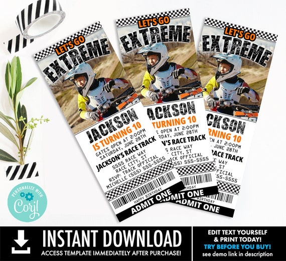 Dirt Bike Motorcycle Motorcross Birthday Party PHOTO Invitations | You Personalize using CORJL - INSTANT Download Printable Template