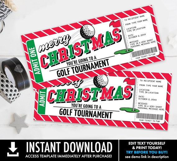 Christmas Golf Ticket - Surprise Golfing, Golf Tournament, Gift Certificate | Self-Edit with CORJL - INSTANT DOWNLOAD Printable