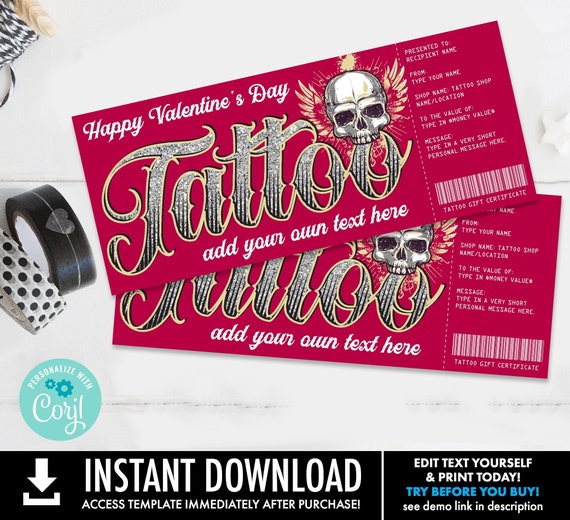 Valentine Tattoo Gift Certificate - Skull Design - Get Inked Gift Card Voucher | Self-Edit with CORJL - INSTANT DOWNLOAD Printable