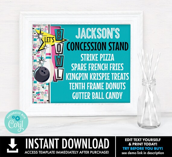 Bowling Party Concession Stand Sign–8x10 Sign,Bowling Bash Sign,Retro Bowling | You Personalize using CORJL - INSTANT DOWNLOAD Printable