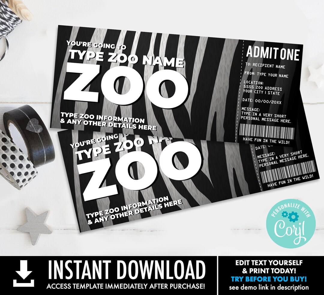 Zoo Gift Certificate, Wild Animal Park Surprise Gift Voucher Selfedit With CORJL INSTANT