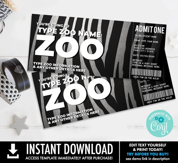 Zoo Gift Certificate, Wild Animal Park Surprise Gift Voucher | Self-Edit with CORJL - INSTANT DOWNLOAD Printable Template