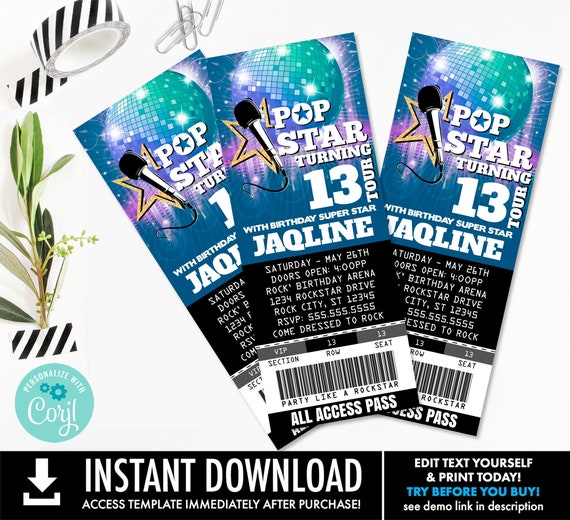 Pop Star Party Ticket Invitations - Party like a Rockstar- Rock n Roll Birthday | Self-Edit with CORJL - INSTANT DOWNLOAD Printable Template