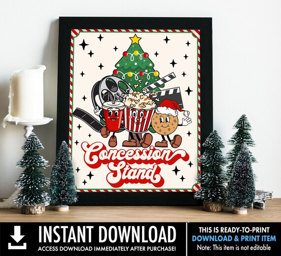 Retro Christmas Movie Night Concession Stand sign,Christmas movie decor,Family Movie Night | Ready-To-Print INSTANT Download PDF Printable