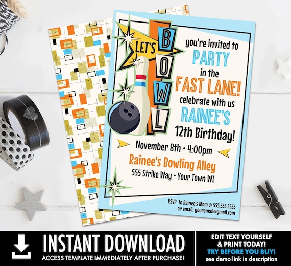Bowling Invitations - Bowling Party, Bowling Birthday, Retro Bowling Invite | Editable Text CORJL INSTANT Download Printable