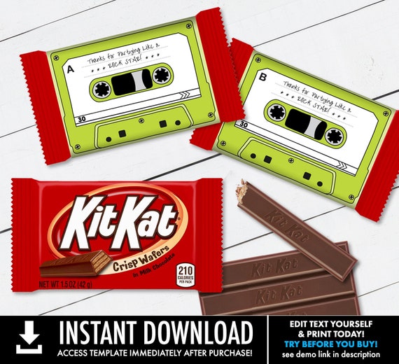 Cassette Tape Kit Kat Candy Bar Label/Wrapper - Retro Party Favor, 80's Party, Green | Self-Edit with CORJL - INSTANT DOWNLOAD Printable Il_570xn