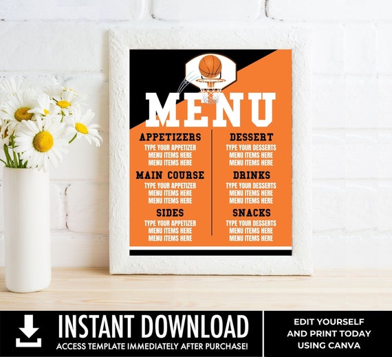 Basketball Party 11x14 Menu Sign, Basketball Birthday, Sports Menu Poster | Edit using CANVA - INSTANT DOWNLOAD Printable