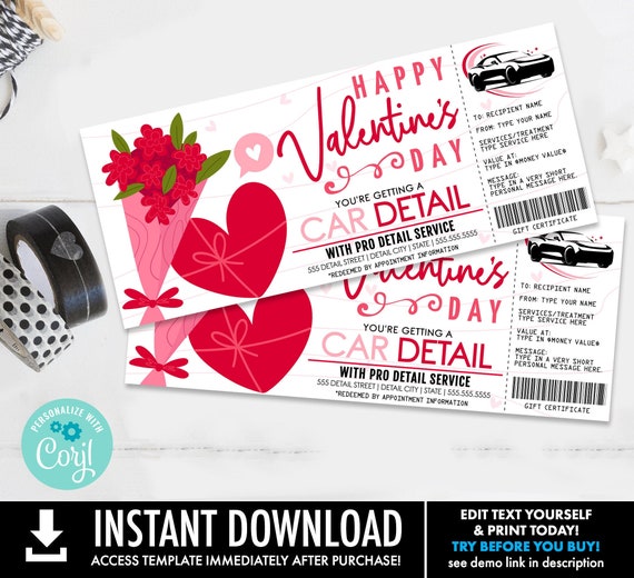Valentine Car Detailing Gift Certificate, Car Detail Surprise Gift Voucher | Self-Edit with CORJL - INSTANT DOWNLOAD Printable Template