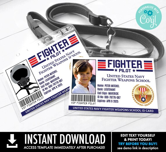 Navy Fighter Pilot License - Navy Pilot ID Badges, Fighter Pilot,Air Force Fighter Pilot | Self-Edit with CORJL - INSTANT Download Printable