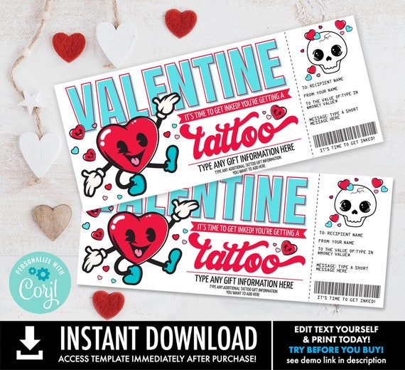 Tattoo Gift Certificate, Tattoo Gift, Happy Valentines Day, Get Inked, Heart Tattoo Design | Self-Edit with CORJL-INSTANT DOWNLOAD Printable