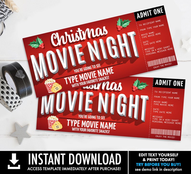 K&ouml;nnte beinhalten: Rote und wei&szlig;e druckbare Weihnachts-Kinoabend-Ticketvorlage mit Grafiken von Stechpalme und Popcorn. Der Text lautet "Weihnachts-Kinoabend" und "Sie werden [Type Movie Name] mit Ihren Lieblingssnacks sehen!"