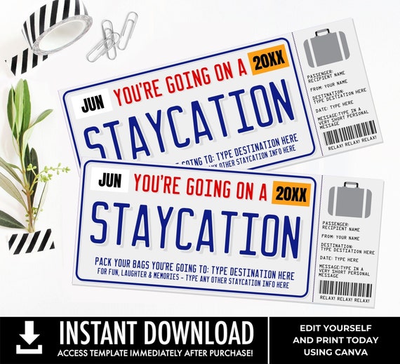 Staycation Surprise Gift Voucher, Staycation Gift Certificate, License Plate, Vacation | You Personalize with CANVA - INSTANT DOWNLOAD