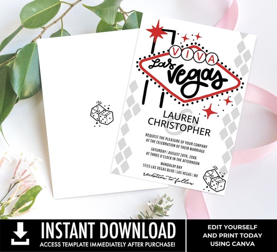 Las Vegas Theme Wedding Invitation, Viva Las Vegas Invitataion, Destination Wedding, eVite Included Red | Edit with CANVA INSTANT DOWNLOAD