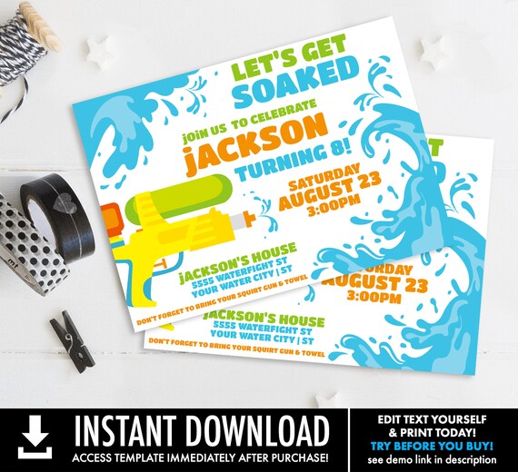 Water Guns & Summer Fun Invitation - Summer Birthday, Beach Party, Water Party | Self-Edit with CORJL - INSTANT DOWNLOAD Printable Template