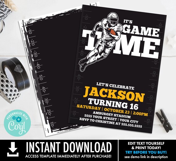 Football Party Invitation - It's Game Time, Football Invitation,Tailgate Invite | Self-Edit with CORJL - INSTANT DOWNLOAD Printable Template