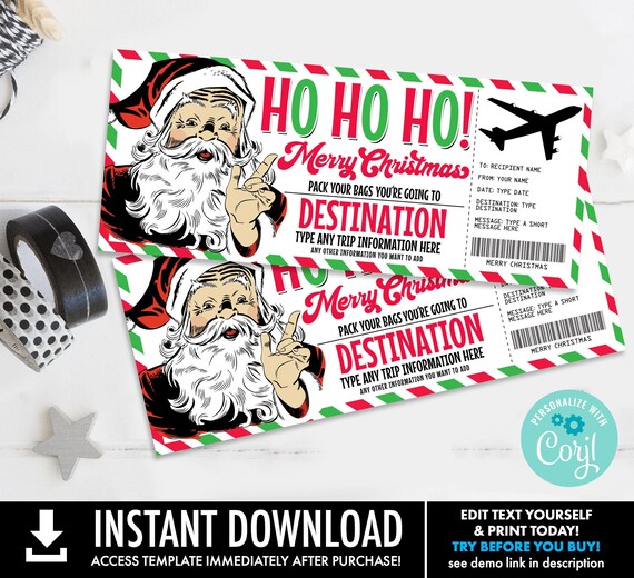 Christmas Boarding Pass Gift Certificate, Vacation Gift Voucher, Plane Ticket Gift | Self-Edit with CORJL-INSTANT Download Printable