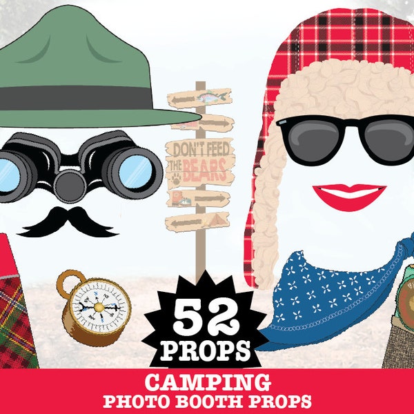 Camping Photo Booth Props - Camping Party, Glam Camp, Woodland Party, Bûcheron - Téléchargement instantané PDF - 52 Accessoires imprimables DIY