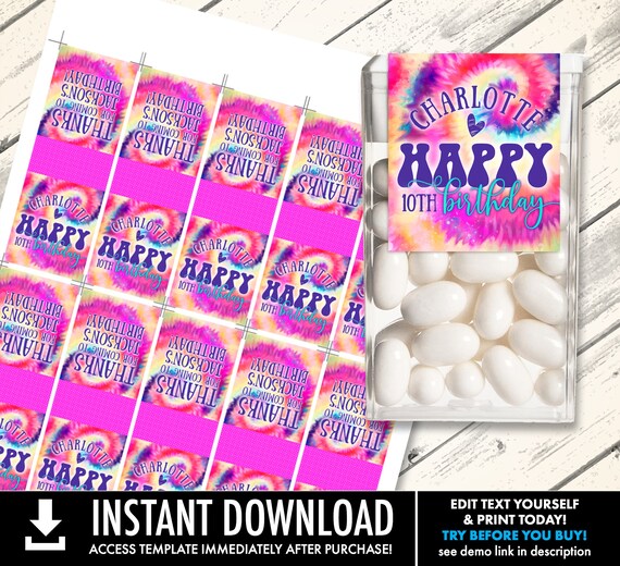 Tie Dye Tic Tac Label - Love Peace Tie Dye, Hippie Party | Self-Edit with CORJL - INSTANT DOWNLOAD Printable Il_570xn