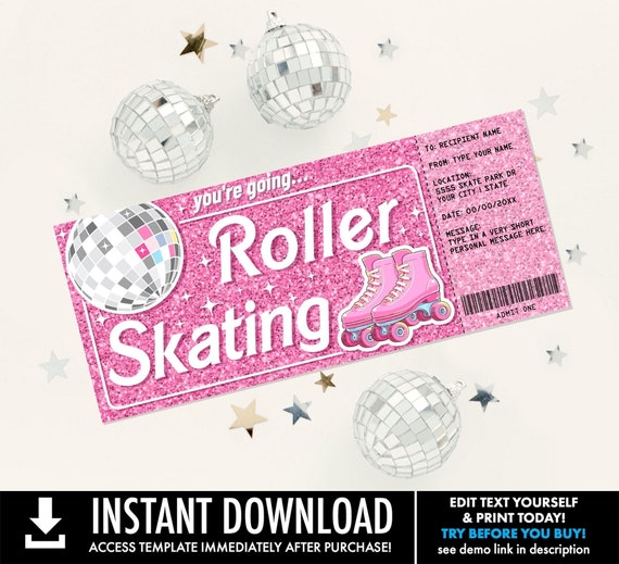 Roller Skating Barb Doll Voucher, Gift Certificate, Disco Roller Skating, Last Minute Gift, Skate Ticket | Edit using CORJL–INSTANT DOWNLOAD