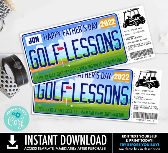 Father's Day Golfing Gift Certificate, Golf Lessons,License Plate Surprise Gift Voucher | Self-Edit with CORJL-INSTANT DOWNLOAD Printable