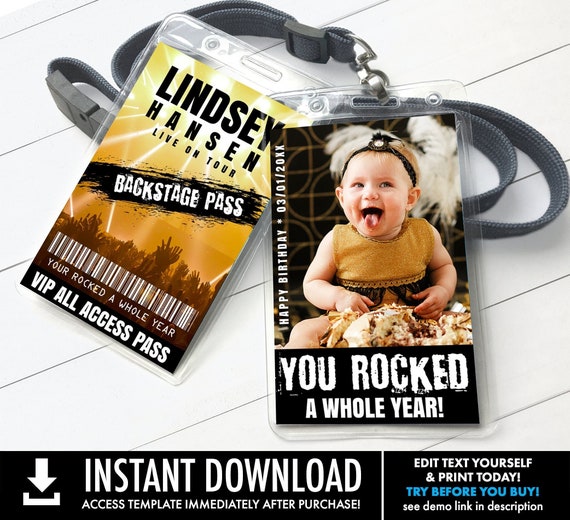 1st Birthday Rockstar VIP Photo Badge - Rock Star Birthday,Rockstar Party,Backstage Pass | Self-Edit with CORJL - INSTANT Download Printable