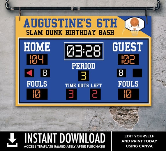 Basketball Scoreboard Printable 36"x24" Poster, Scoreboard Sign, Basketball Birthday | Edit Text using CANVA–INSTANT DOWNLOAD Printable