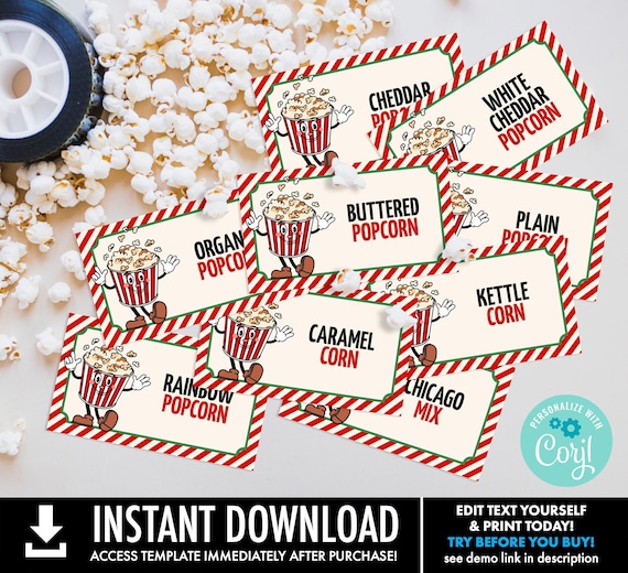 Retro Christmas Movie Popcorn Bar Labels, Popcorn Toppings Signs,Retro Cinema Ticket | Self-Edit with CORJL-INSTANT DOWNLOAD Printable