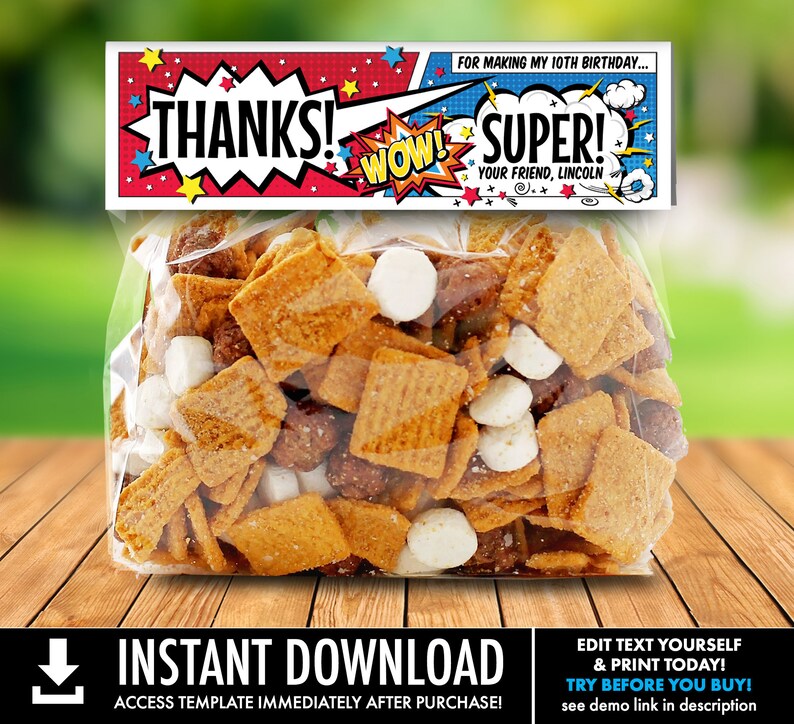 Superhero Treat Bag Topper - Superhero Party, Super Hero Favor Bag Topper | Self-Edit with CORJL - INSTANT DOWNLOAD Printable Template image 1