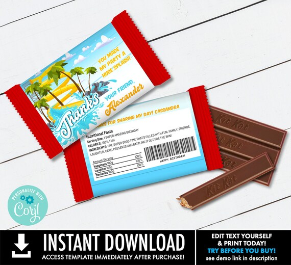 Waterslide or Waterpark Birthday Party, Wafer Chocolate Candy Bar Wrap/Label, Candy Bar Label | Edit using CORJL–INSTANT DOWNLOAD Printable