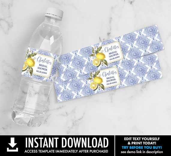 Tuscan Lemon Water Bottle Label/Wrap - Birthday Party, Bridal Shower, Baby Shower | Self-Edit Text with CORJL - INSTANT Download Printable Il_570xn