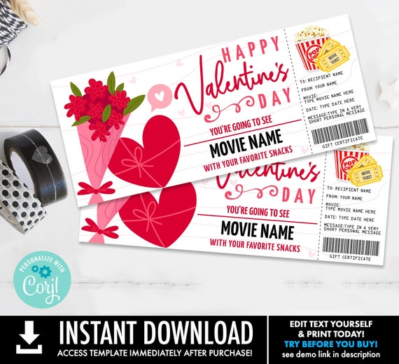 Valentine Movie Ticket Gift Certificate, Movie Night Surprise Surprise Ticket | Self-Edit with CORJL - INSTANT DOWNLOAD Printable Il_570xn