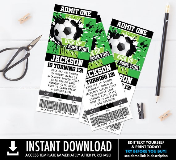 Soccer Party Ticket Invitation - Soccer Invite, American Football Party | Self-Edit with CORJL INSTANT DOWNLOAD Printable Template