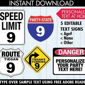 Puede incluir: Cinco carteles imprimibles con tem&aacute;tica de carretera, con el texto "Speed Limit 9", "Route Tiegan 9", "Party-State 9", "Tiegan's Turning 9" y "Peligro Personaliza tu texto de fiesta aqu&iacute;!" Los carteles est&aacute;n dise&ntilde;ados para una fiesta de cumplea&ntilde;os.