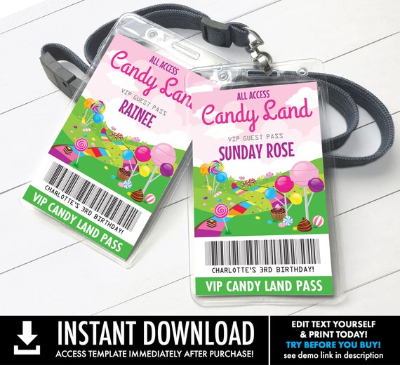 Candy Land Party VIP Badge, Candyland All Access Pass, ID badge, Party Favor | Self-Edit with CORJL - Instant Download Printable