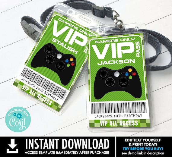 Video Game Badges - VIP Video Game I.D. Badges, Game Truck Birthday | You Personalize using CORJL - INSTANT Download Printable Template
