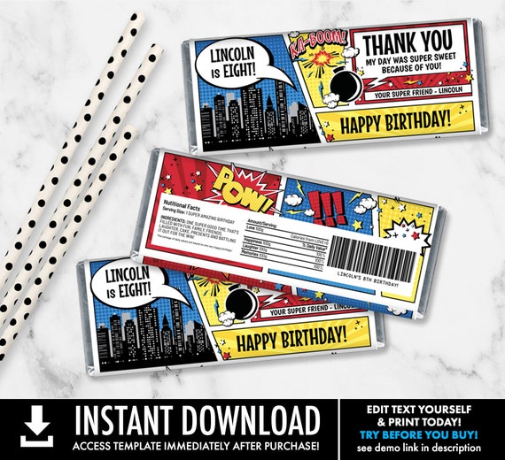 Superhero Candy Bar Wrappers - Superhero Favor, Chocolate Labels,Birthday Party | Self-Editing with CORJL - INSTANT DOWNLOAD Printable