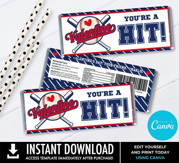 Valentine Baseball Candy Bar Label/Wrapper, Baseball Valentine,Valentine Party | Edit with CANVA - INSTANT DOWNLOAD Printable Template