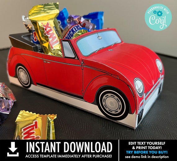 Beetle Bug Box - Retro Car Favor Box, Baby Shower, Wedding, Cupcake Box, Food Tray - RED - Instant download DIY Printable PDF Kit