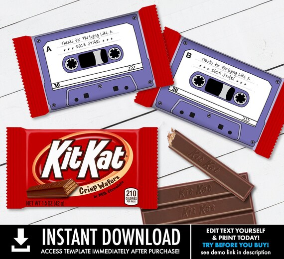Cassette Tape Kit Kat Candy Bar Label/Wrapper - Retro Party Favor, 80's Party, Purple | Self-Edit with CORJL - INSTANT DOWNLOAD Printable Il_570xn