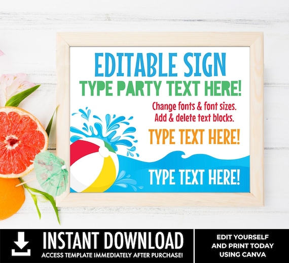 Pool Party Sign - 10x8 Sign Summer Party, Beach Party, Personalized Sign | Edit with CANVA - INSTANT DOWNLOAD Printable