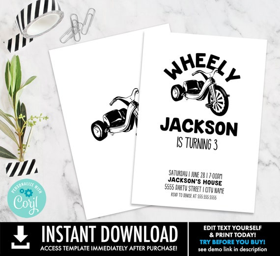 Editable Retro Big Wheel Birthday Party, Wheely Trike Invite,It's Wheely a Big Deal | You Personalize using CORJL-INSTANT DOWNLOAD Printable