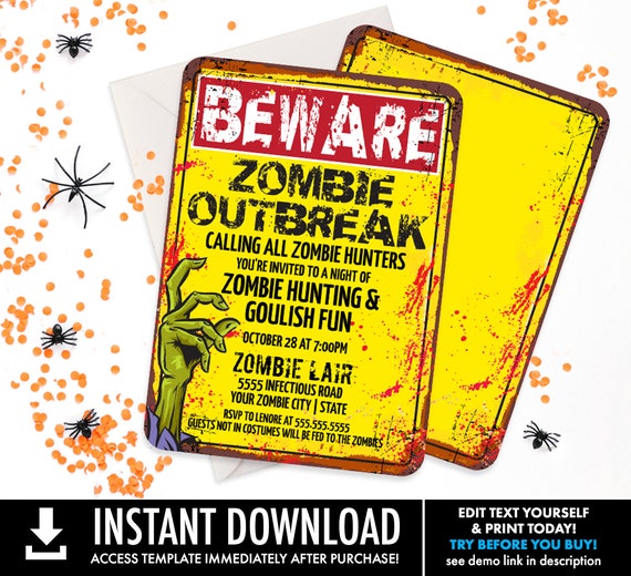 Zombie Party Invitation - Zombie Outbreak Party, Halloween Invite, Costume Party Invite | Self-Edit with CORJL - INSTANT DOWNLOAD Printable