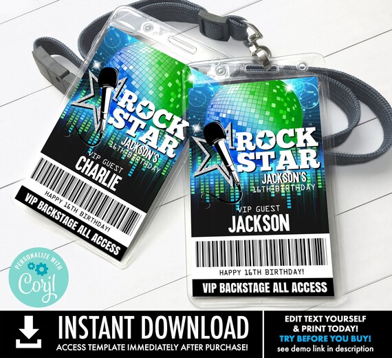 Rock Star VIP Badge, Party like a Rock Star, Rock n Roll,Backstage Pass,Pop Star | Self-Edit with CORJL -INSTANT Download Printable Template