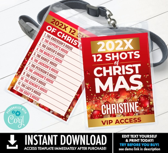12 Shots of Christmas Party Badge, Christmas Shot Party, VIP Badge | Self-Edit with CORJL - INSTANT Download Printable